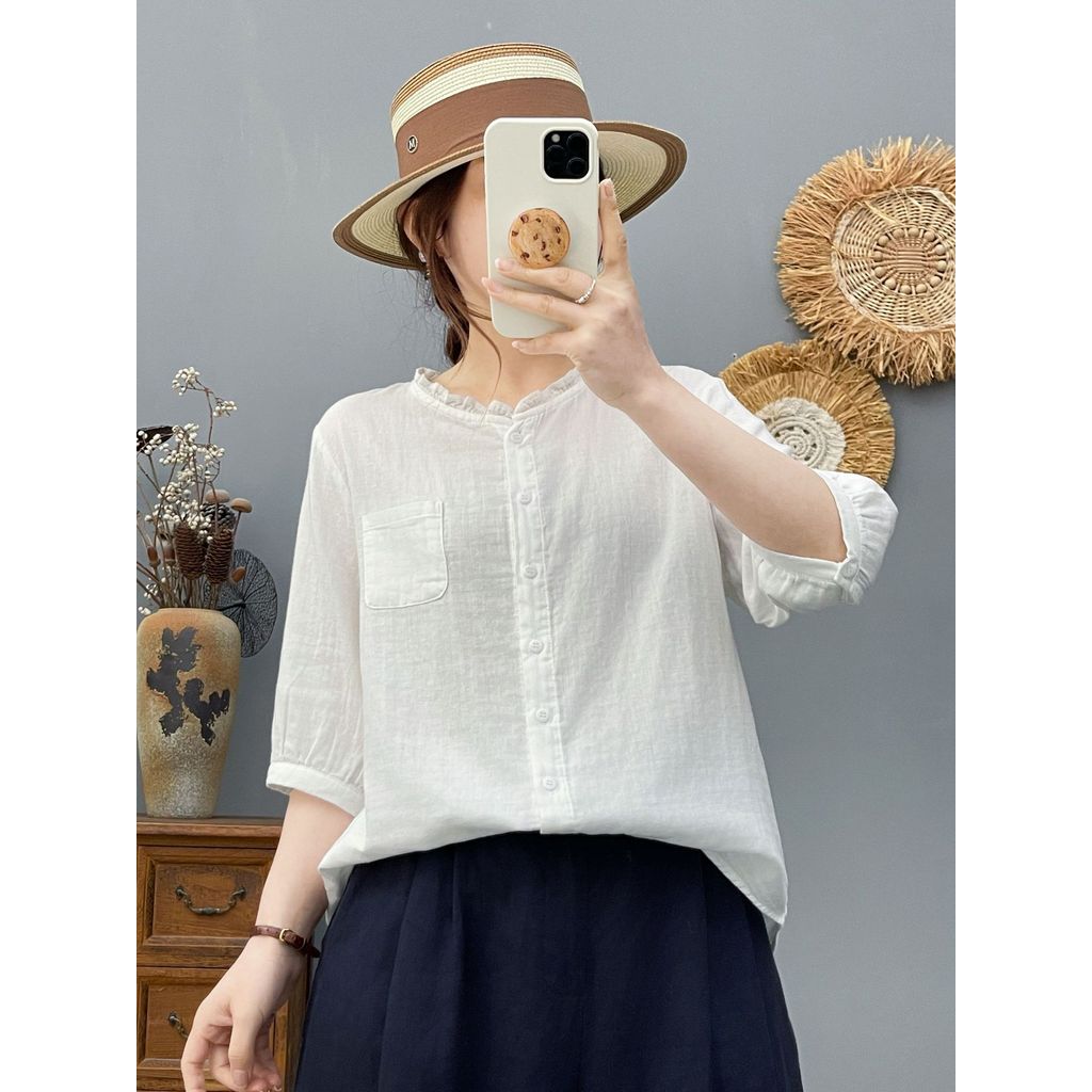 [Hàng có sẵn] Áo sơ mi nữ chất liệu 100% Cotton mềm mại, cổ ren đơn giản, tay vừa, màu trơn