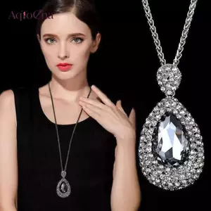 AqToCna Vintage Dây Xích Dài Mặt Dây Chuyền Nelace Cho Nữ Thời Trang Màu Xám Giọt Nước Pha Lê Áo Len Dây Chuyền Trang Sức Dự Tiệc Quà Tặng AqToCna