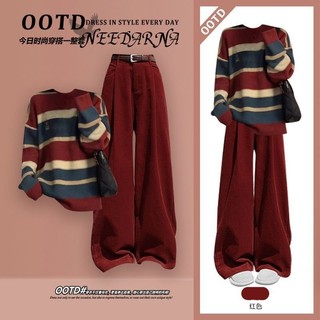 [Pre-Order]-Set 2 Món Thu Đông Phong Cách Hàn Quốc Áo Len Sọc Form Rộng Kết Hợp Quần Nhung Tăm Ống Rộng hàng quảng châu