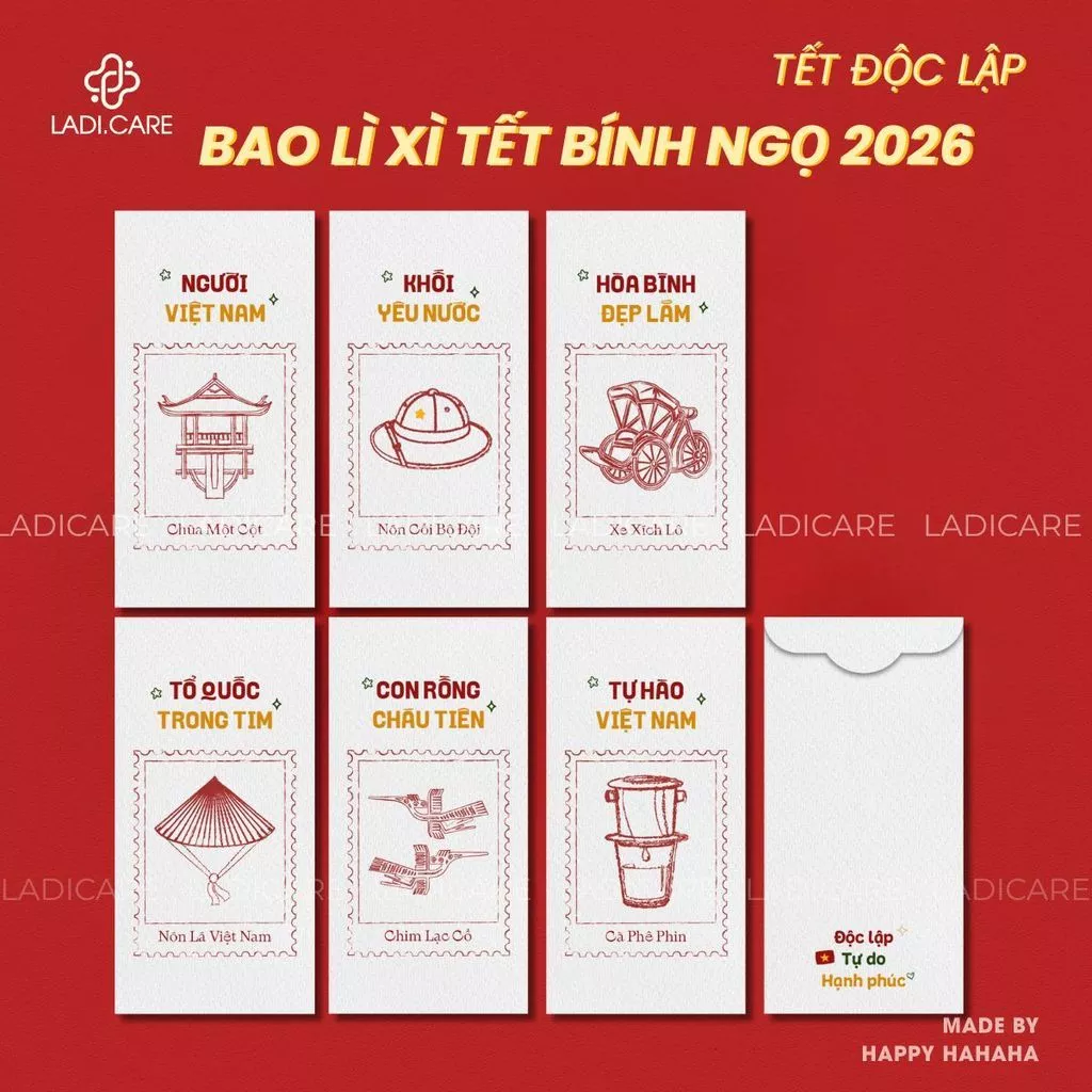Set Bao Lì Xì Tết Bính Ngọ 2026 – Mẫu Thiết Kế Độc Quyền Hoa Nhí, Xuân Ánh Nguyệt, Giấy C150 Dày Cán