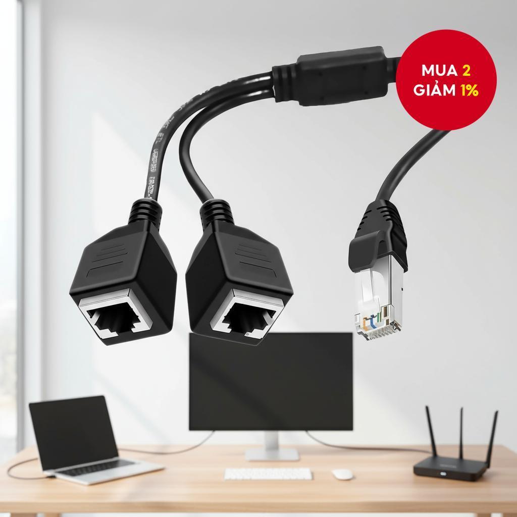 Bộ chia cổng LAN Ethernet RJ45 1 sang 2, phù hợp cho mạng Cat5, Cat5e ...