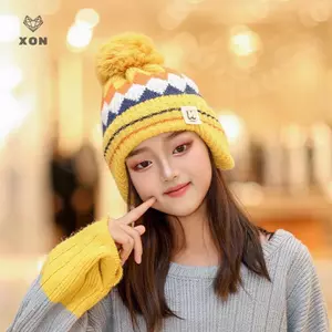 Mũ dệt kim trẻ em Mùa đông Quả cầu tóc dễ thương Giữ ấm bảo vệ tai Bò chống gió [Mina]
