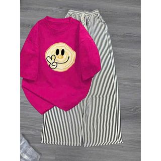 Bộ quần ống rộng kẻ vằn  Xốp+ kết hợp áo phông Mùa hè hình XIN CHÀO- thubaaa