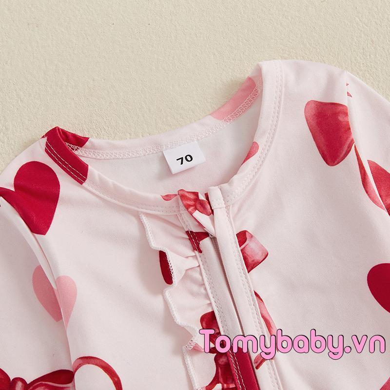 Bộ áo liền quần dài tay cổ tròn in hình trái tim cho bé gái có băng đô