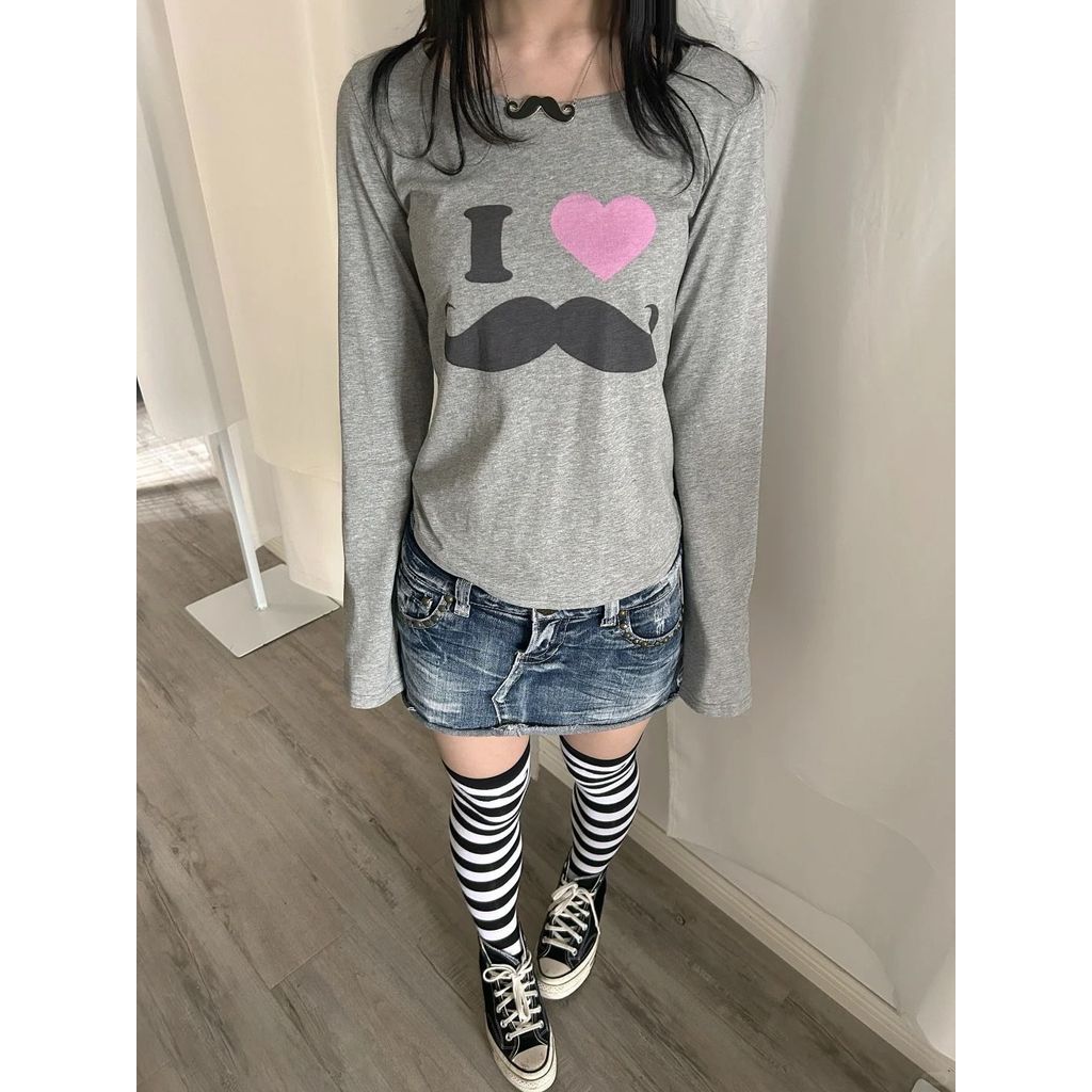 Mailyfashion Áo Len Bông Retro In Hình Trái Tim Màu Xám, Cổ Tròn Tay Dài, Thoải Mái Cho Thu Đông
