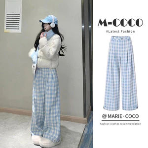 Xanh Kiểm Tra Ren Thẳng Quần Nữ Phong Cách Hàn Quốc Lười Phong Cách Rời Cao Cấp Quần Ống Rộng 5.12