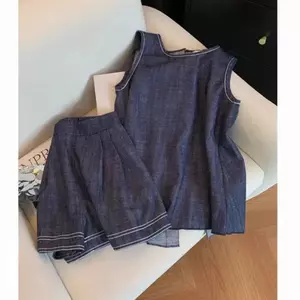 Áo khoác thời trang giảm tuổi mùa hè Quần short lưng cao bụng + Áo Vest không tay Bộ đồ Denim hai mảnh hàng đầu dành cho nữ