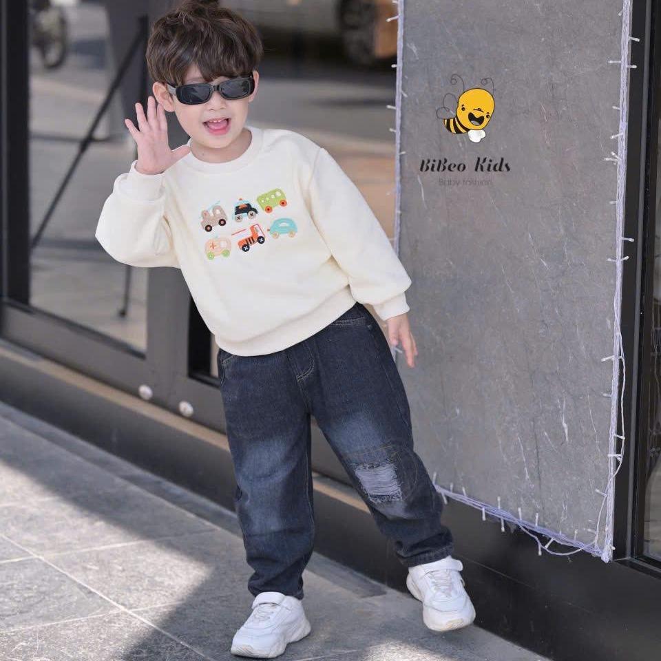 [BiBeo Kids] ÁO NỈ LÓT LÔNG NHUNG THÊU HÌNH Ô TÔ  cho bé trai, bé gái. Áo nỉ lót lông nhung