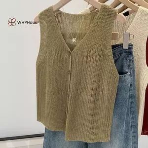 < WHPHous-t > Áo Vest chữ V dáng rộng thời trang Cotton và vải lanh Hàn Quốc mùa hè dành cho nữ đẹp