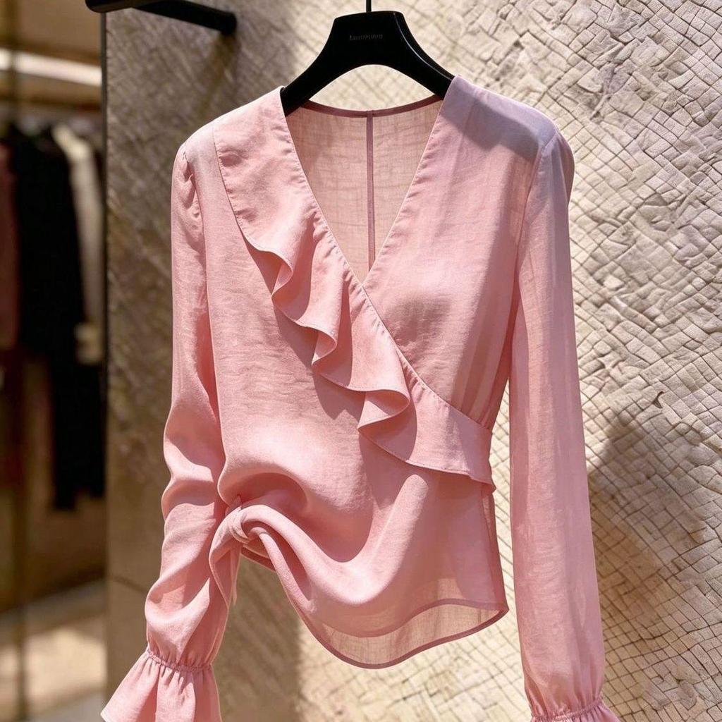[Khuyến mãi trong thời gian có hạn] Áo sơ mi cổ chữ V màu trắng Niche cao cấp mùa hè Slimer Look dài tay Top nữ