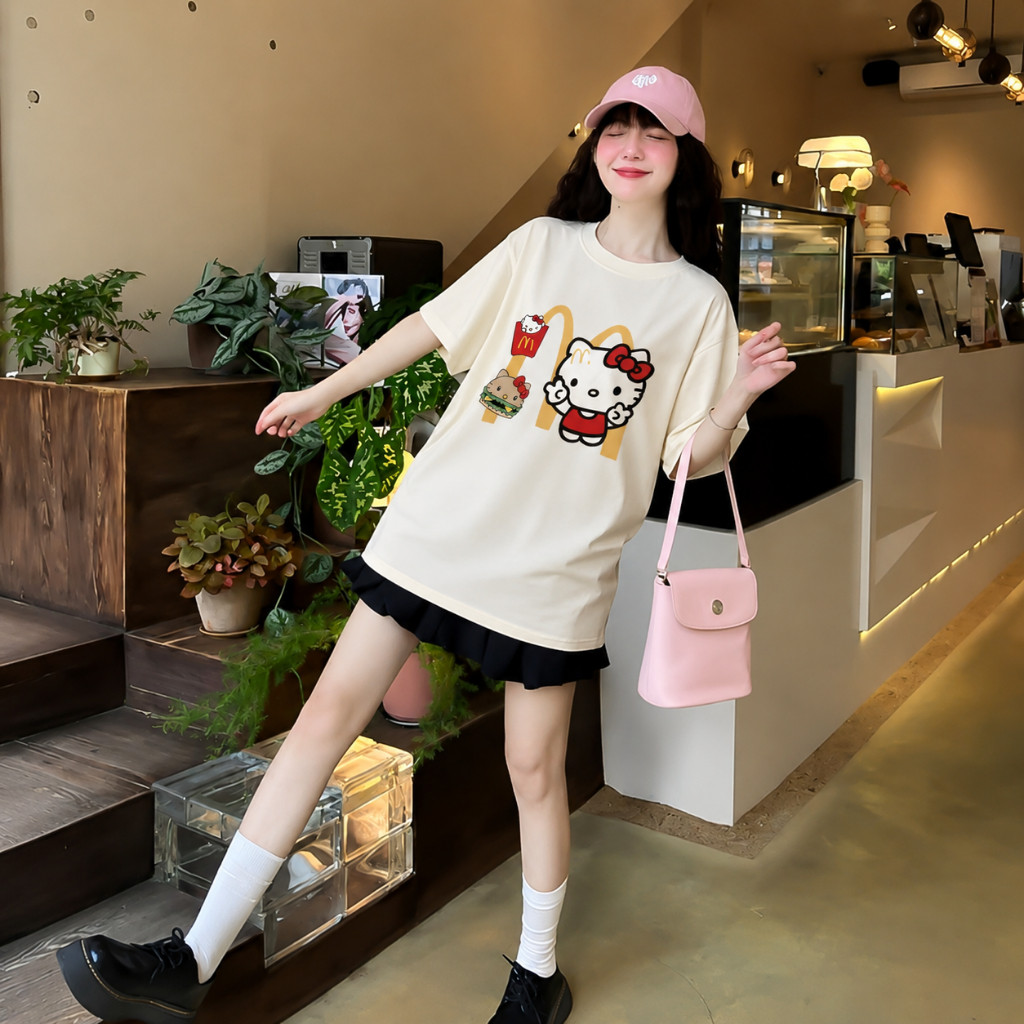 （Giao hàng 24h）Angela Áo Hello Kitty Cute Macdonald Chất Cotton 220gsm Co Giãn 2 Chiều Đứng