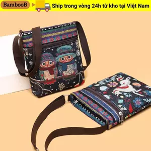 Túi Đeo Vai BAMBOOB, Túi Đeo Ngang Dung Tích Lớn Phong Cách Dân Tộc, Túi Vuông Thêu Dễ Thương Nữ