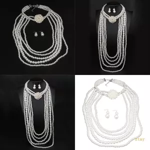 Ở Lại Đính Hạt Bộ Trang Sức Ngọc Trai Giả Tinh Tế Đính Hạt Phụ Kiện Cổ Nhiều Lớp Yếm Vòng Cổ Dài Và Bông Tai