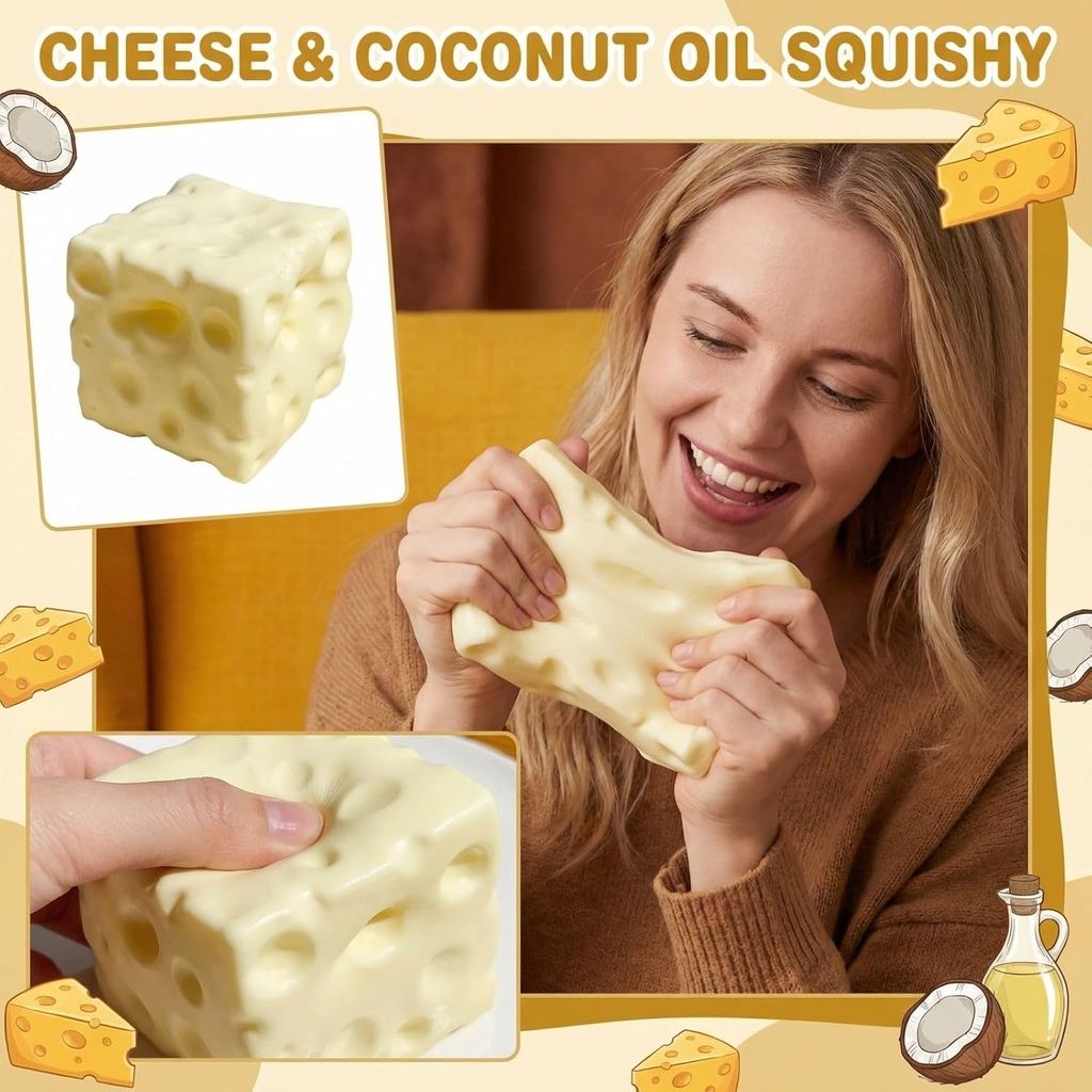 Đồ chơi Squishy phô mai màu vàng khổng lồ Jumbo, Đồ chơi Fidget giảm căng thẳng mềm tăng chậm, Khối phô mai chủ đề thực phẩm mới lạ dành cho trẻ em và người lớn, Quà tặng dự tiệc & sinh nhật (2.8in)