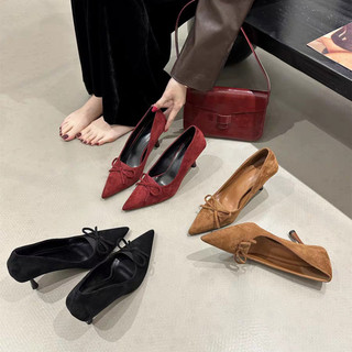 Giày Cao Gót Nữ Mũi Nhọn Gót Chân Slip-On Nông Miệng Nơ