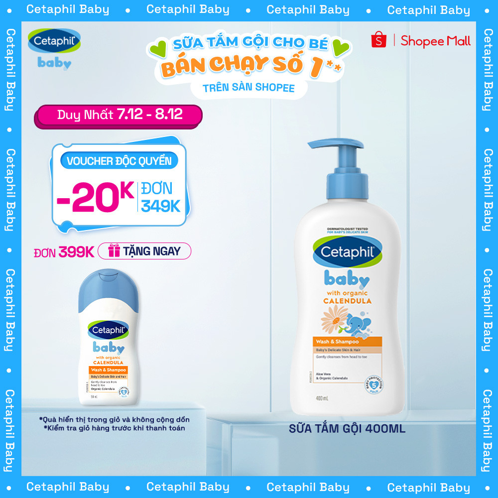 Sữa tắm dưỡng ẩm dịu lành cho bé với Calendula hoa cúc hữu cơ CETAPHIL BABY W&SHAMPOO CALENDULA 400ML