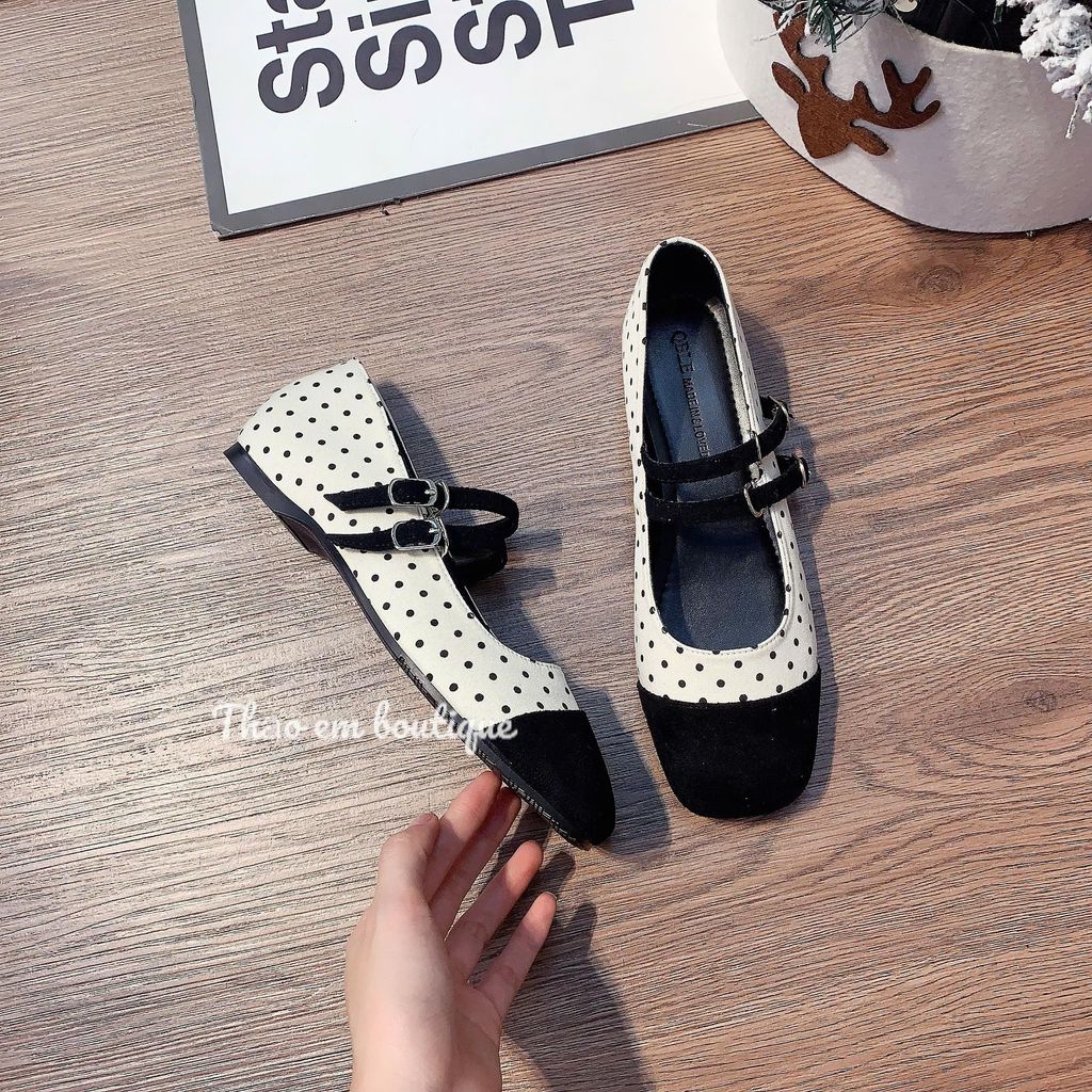 [Thảo Em - CBi50] Giày búp bê nữ đế bệt da lì mềm chấm bi, quai ngang phối khoá [sẵn hàng]