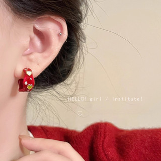 Bông Tai Giáng Sinh Màu Đỏ Hình Chữ C Zircon Trái Tim Bông Tai Dành Cho Nữ Thu Đông Retro Giáng Sinh Phong Cách Mới Cao Cấp Thanh Lịch Vòng Bông Tai Trang Sức Giáng Sinh, Quà Tặng Giáng Sinh