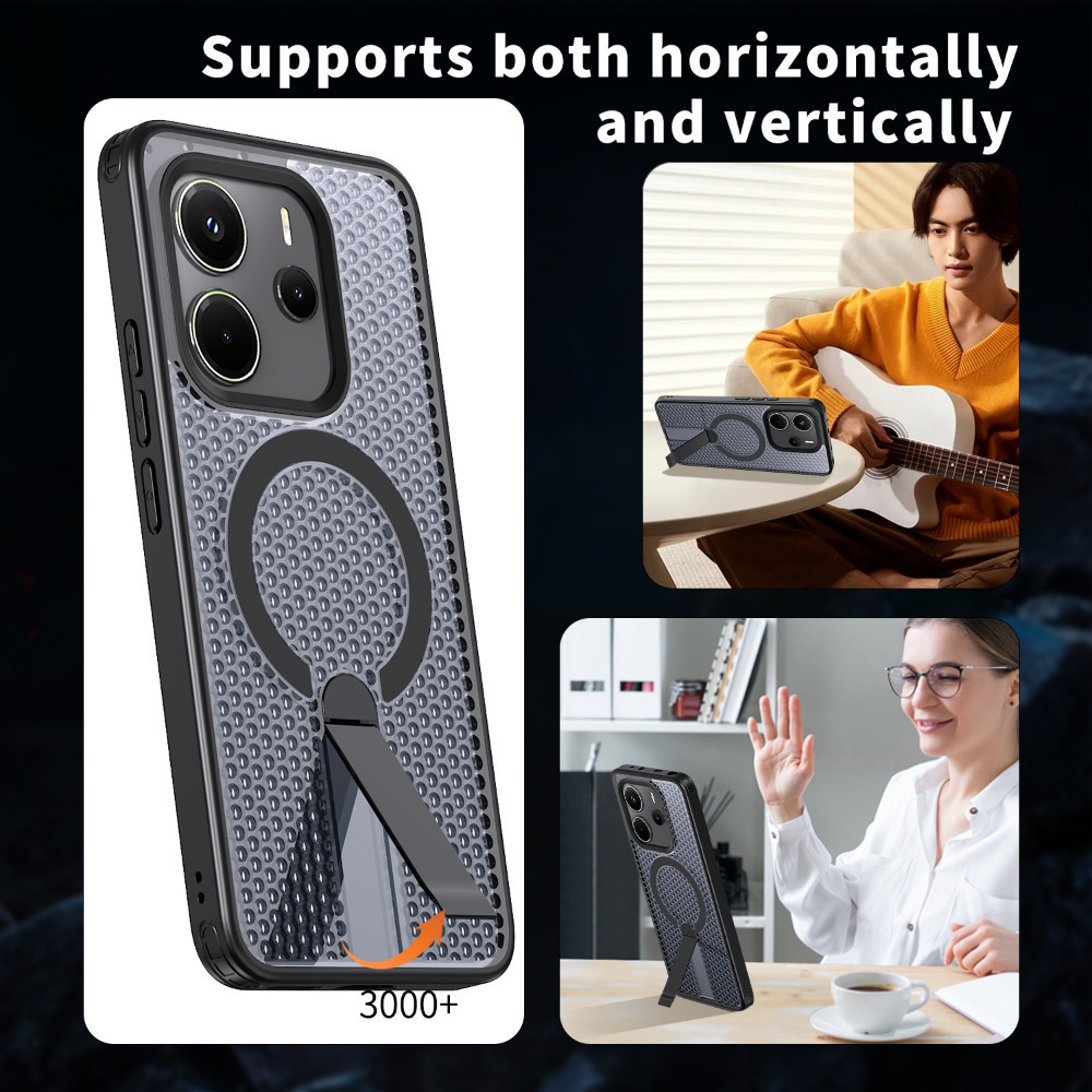 Ốp điện thoại có giá đỡ thẳng đứng bằng kim loại có kết cấu tản nhiệt 3D cho Redmi Note 14 13 12R PRO PROPLUS A5 14C 13X 13 12 Turbo4 4G 5G Vỏ từ tính