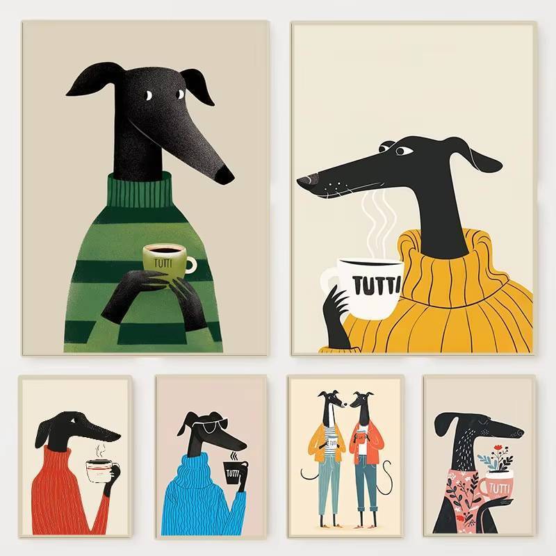 Hiện Đại Whimsical Động Vật Greyhound In Poster Nhiều Màu Sắc Chó Dễ Thương Cà Phê Canvas Tranh Treo Tường Nghệ Thuật Cho Phòng Khách Trang Trí Nhà Cửa