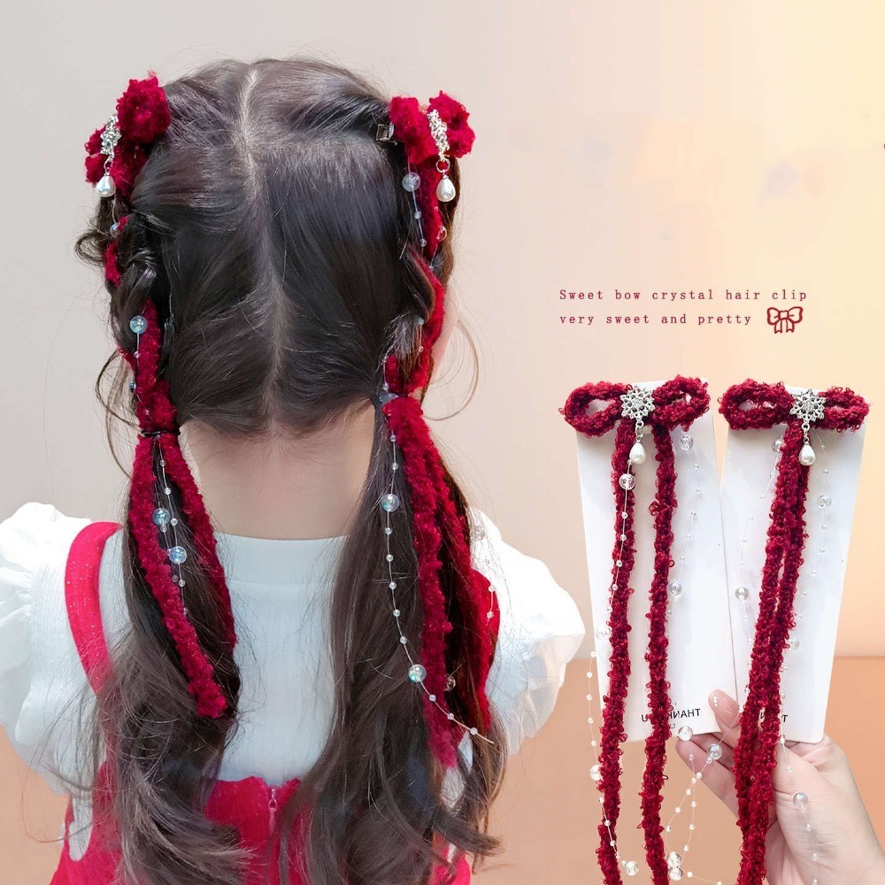 GOJO Dài Ruy băng Nơ tóc cho bé gái, tua rua đỏ và kim cương giả, xu hướng Y2K