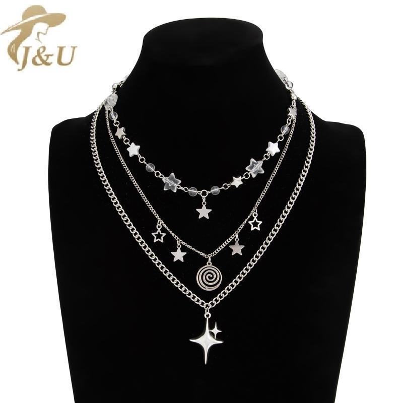 JU Y2K Thời Trang Bạc Lớp Nelace Kim Loại Pentagram Mặt Dây Chuyền Nhiều Dây Xích Cho Nữ Hợp Thời Trang Trang Trang Sức Quà Tặng VN