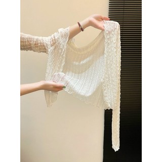 [Vải ren] Áo len Cardigan chống nắng màu trắng họa tiết gợn sóng dành cho nữ Khăn choàng bên ngoài Áo ren mỏng