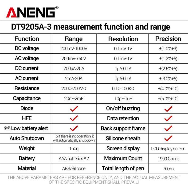 < WHPHous-t > Đồng hồ vạn năng kỹ thuật số DT9205A RMS 1999 Đếm điện áp DC Máy kiểm tra tụ điện có độ chính xác cao cho phòng thí nghiệm Điện tử làm việc Đẹp