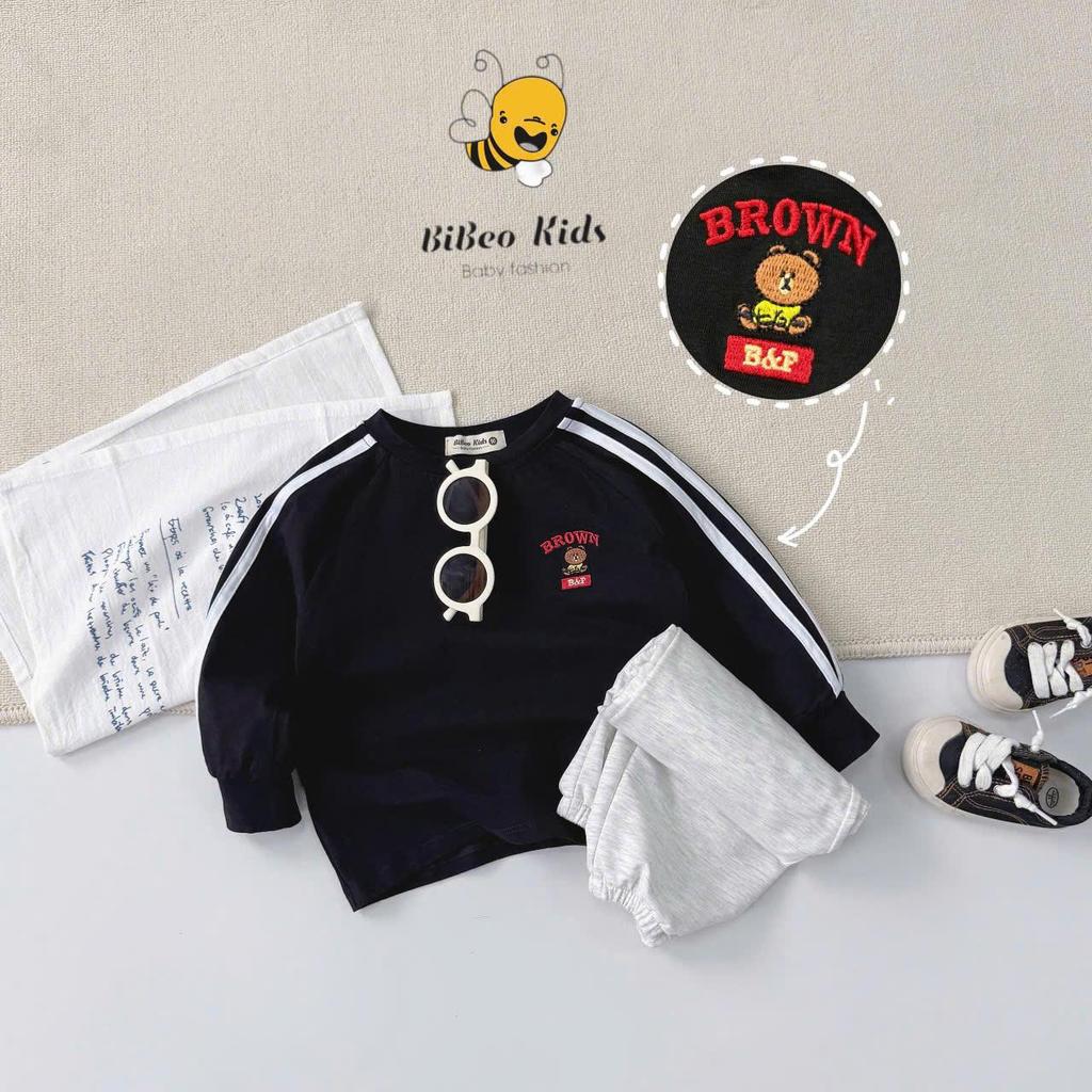 [BiBeo Kids] Bộ Quần Áo THU ĐÔNG PHỐI DÂY THÊU GẤU BROWN cho bé trai ,Bộ quần áo dài tay cho bé