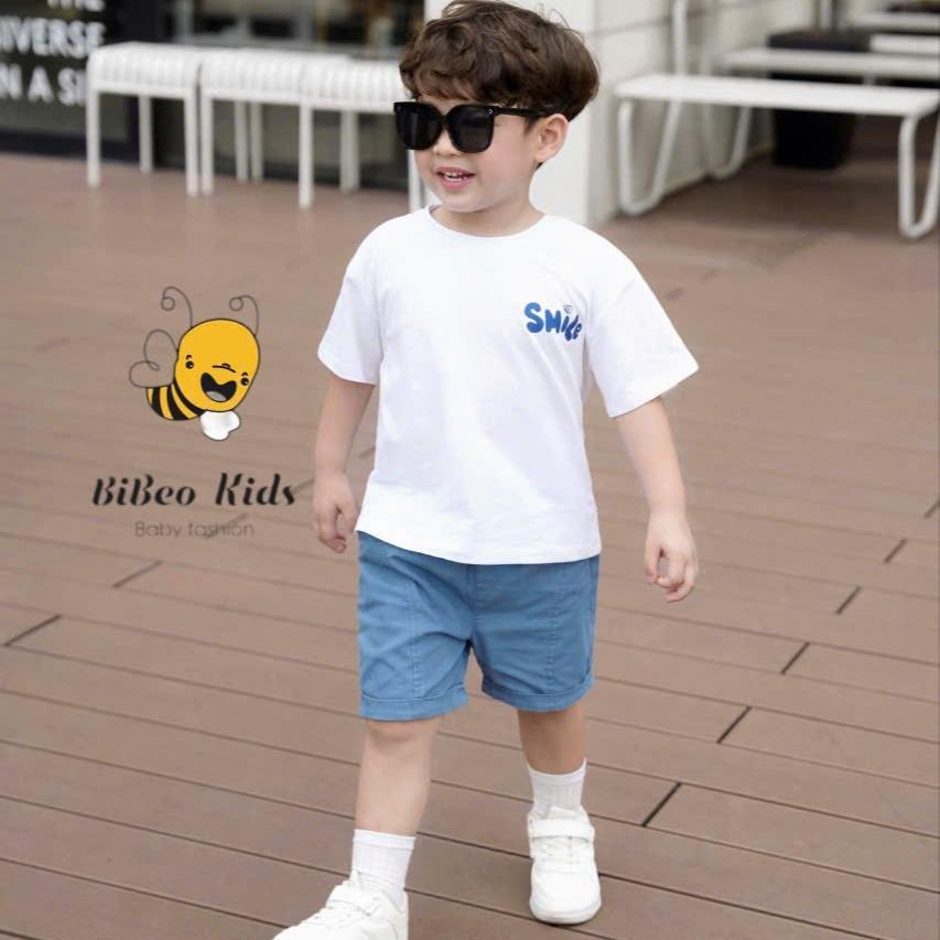 Bộ quần áo SMILE LOVELY QUẦN BÒ XANH  cho bé trai , Quần BÒ  áo chất COTTON mềm thoải mái cho bé