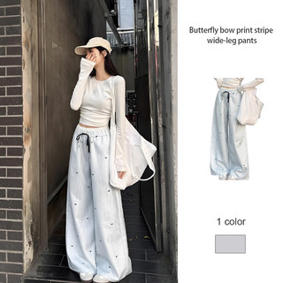 Quần ống rộng kẻ sọc in nơ dành cho nữ, quần cạp cao dáng suông mùa hè, quần casual.