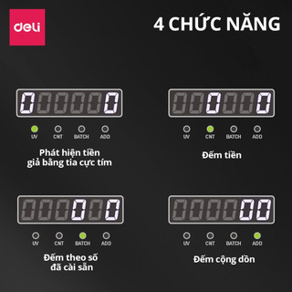Máy Đếm Tiền Deli Máy Phát Hiện Tiền Giả Tốc độ đếm 1000 tờ/phút đếm cộng dồn chia mẻ chính xác polyme, tiền giấy