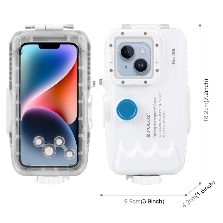 Sẵn sàng giao hàng Vỏ lặn chống nước PULUZ 40m / 130ft cho iPhone 16 / 15 / 15 Pro / 14 / 14 Pro / 13 / 13 Pro / 12 / 12 Pro, với Video chụp ảnh van một chiều chụp ảnh dưới nước Hosin