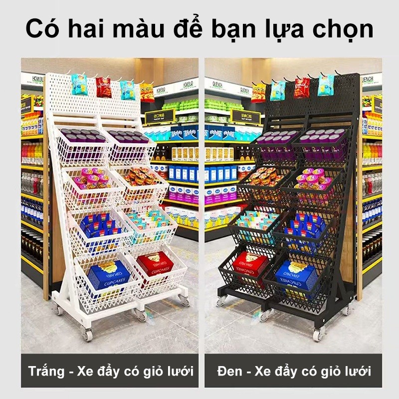 Kệ đẩy hàng tạp hóa chắc chắn bền đẹp Kệ siêu thị rộng rãi chứa đồ nhiều Xe đẩy đồ ăn vặt sắt dày dặn không gỉ