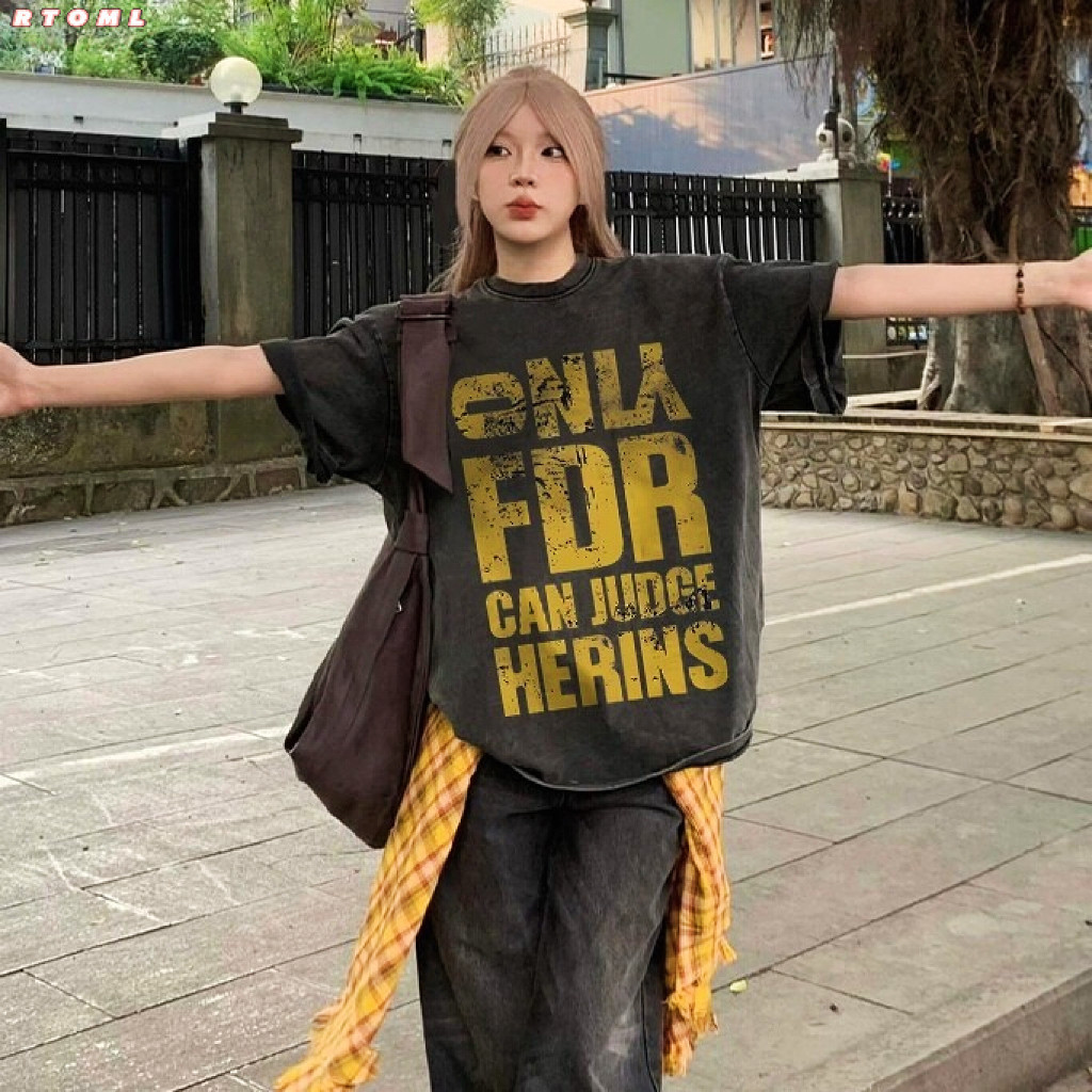 （Giao hàng 24h）Angela Áo phông nữ form rộng vintage girl phố Chữ cái in hình cổ tròn áo thun 100% cotton local brand