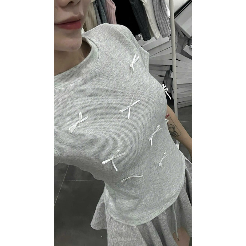Áo thun baby tee đính nhiều nơ chất cotton co dãn phong cách Hàn Quốc M150