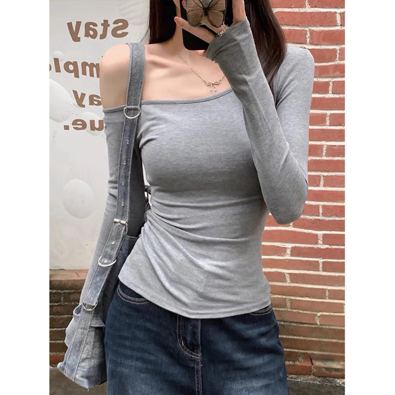 Áo Lệch Vai Kiểu Dài Tay ôm body siêu Quyến Rũ vải thun zip mịn cho nữ M658