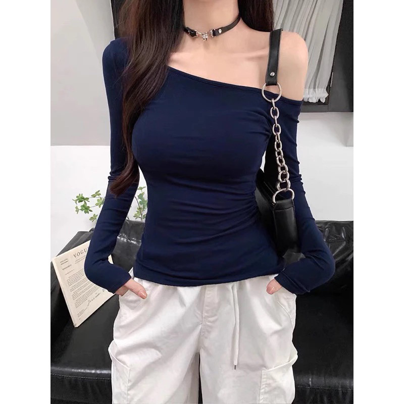 Áo Lệch Vai Kiểu Dài Tay ôm body siêu Quyến Rũ vải thun zip mịn cho nữ M658