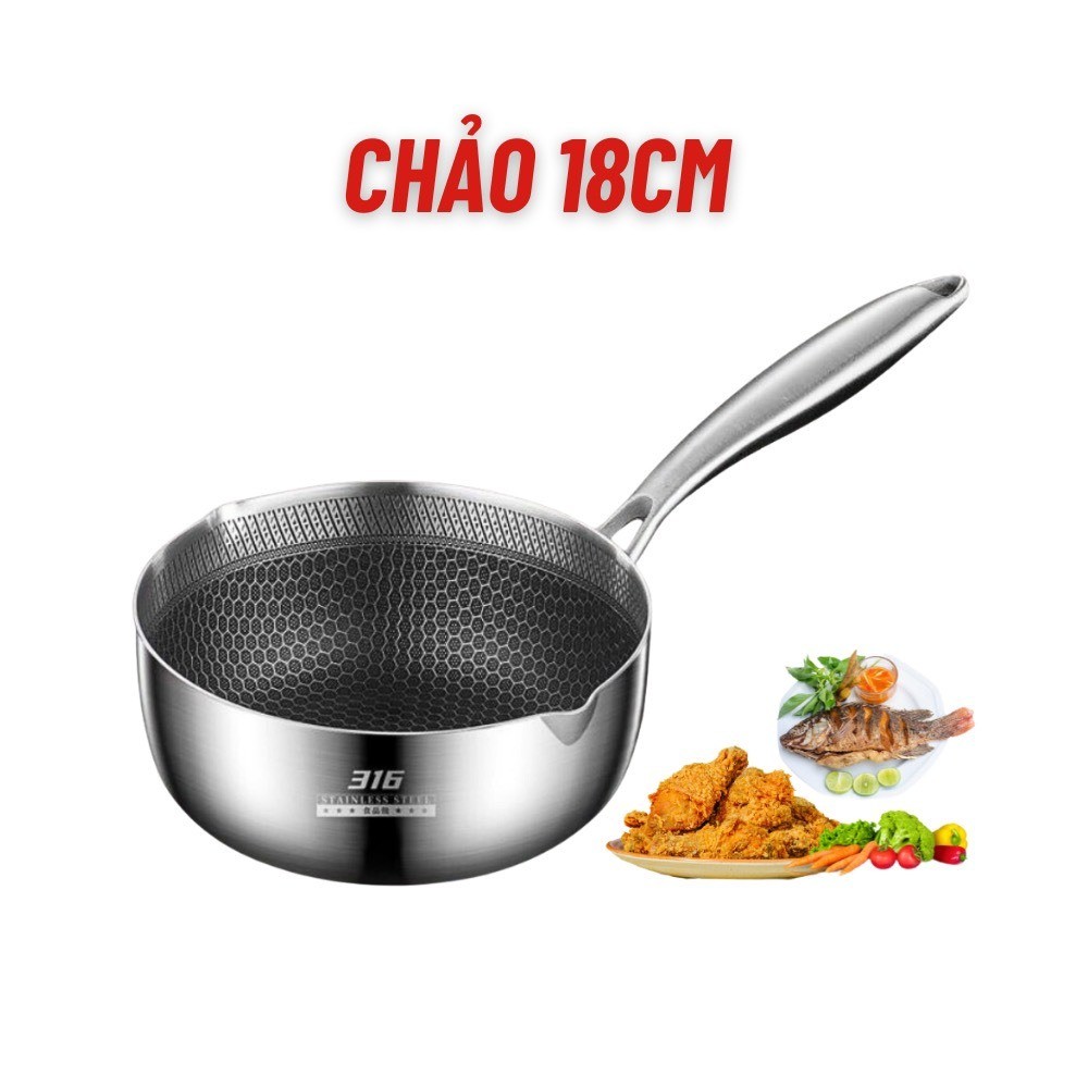 Chảo Chống Dính Vân Tổ Ong Sâu Lòng Chất Liệu Inox 316 Đường Kính 18cm Dùng Cho Mọi Loại Bếp, Chống Xước Chống Gỉ
