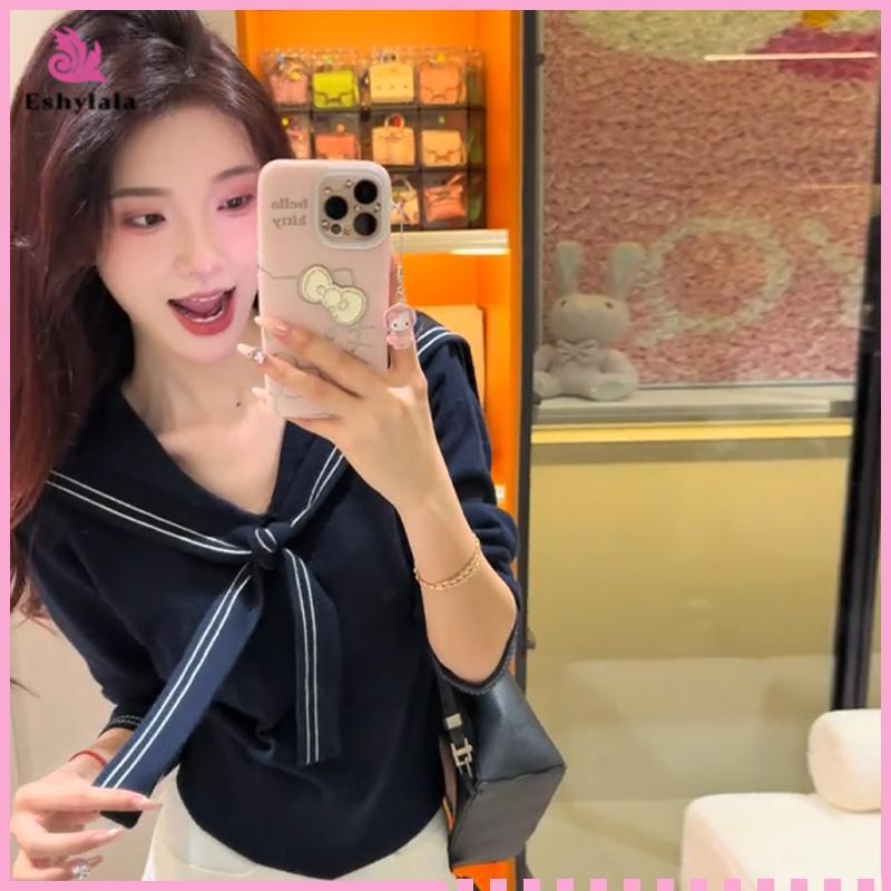 Áo len dài tay dáng rộng cổ hải quân phong cách đại học Áo len dệt kim Hàn Quốc dành cho nữ [MỚI]