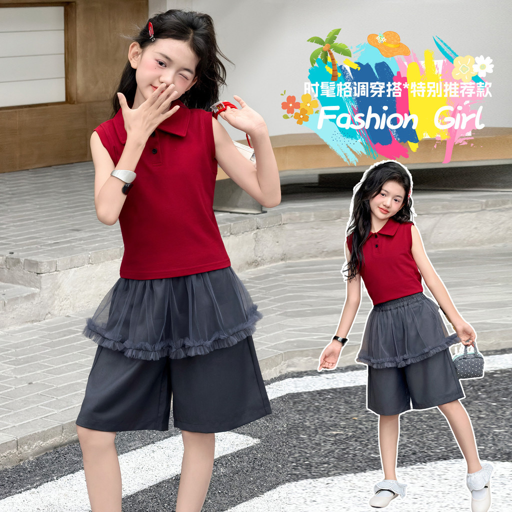 Áo sơ mi polo không tay màu đỏ cho bé gái Mùa hè Phong cách mới Thời trang trẻ em Slim-fit Top
