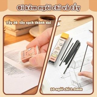 Bút Chì Kim Set 4 Bút Chì Bấm 2.0mm Cho Bé Lớp 1, Kèm Tẩy Capybara Cute Học Tập