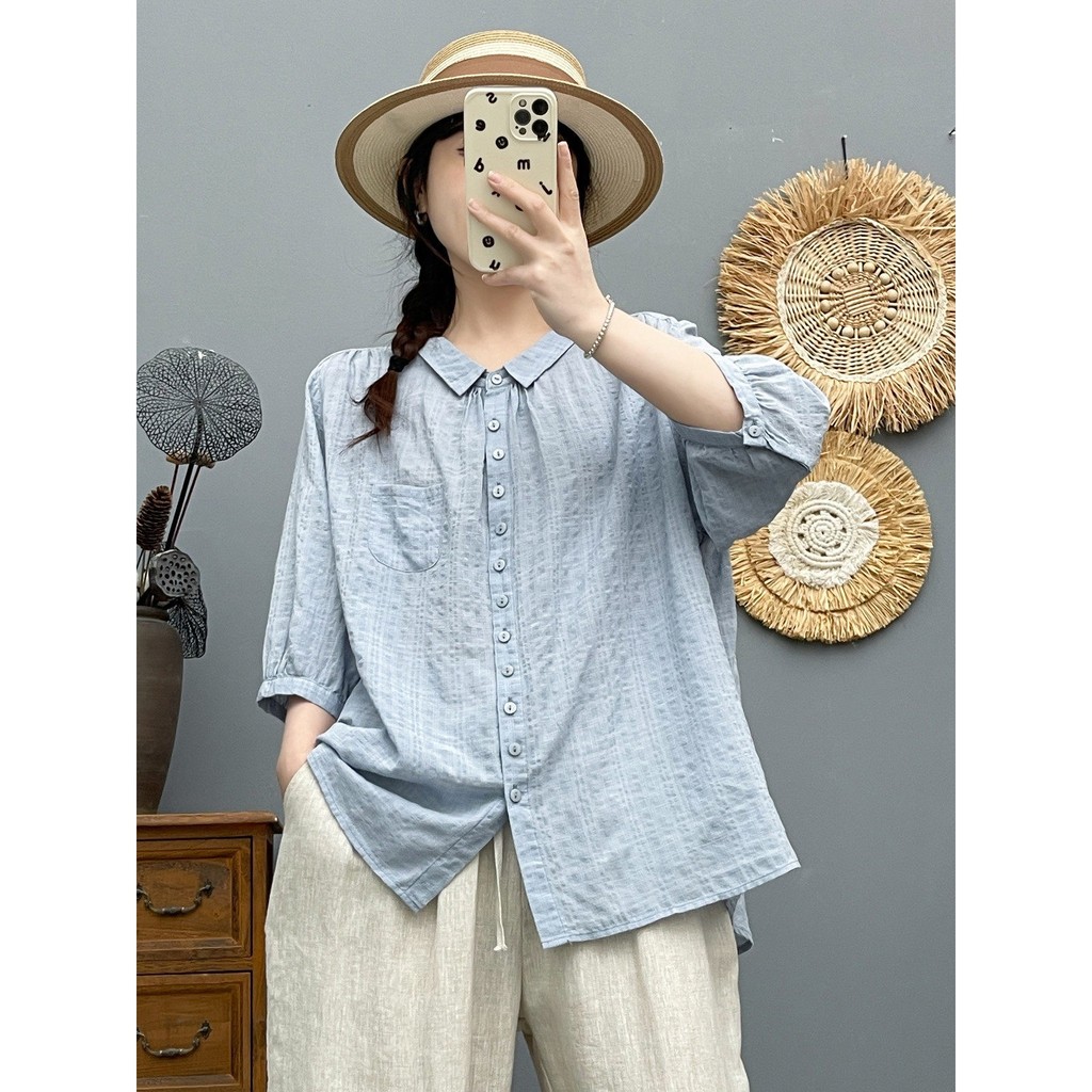 [Sẵn sàng] Áo sơ mi nữ 100% cotton chất lượng cao Áo sơ mi cotton bong bóng đơn giản mùa hè mới màu trơn Áo sơ mi ngắn tay đa năng