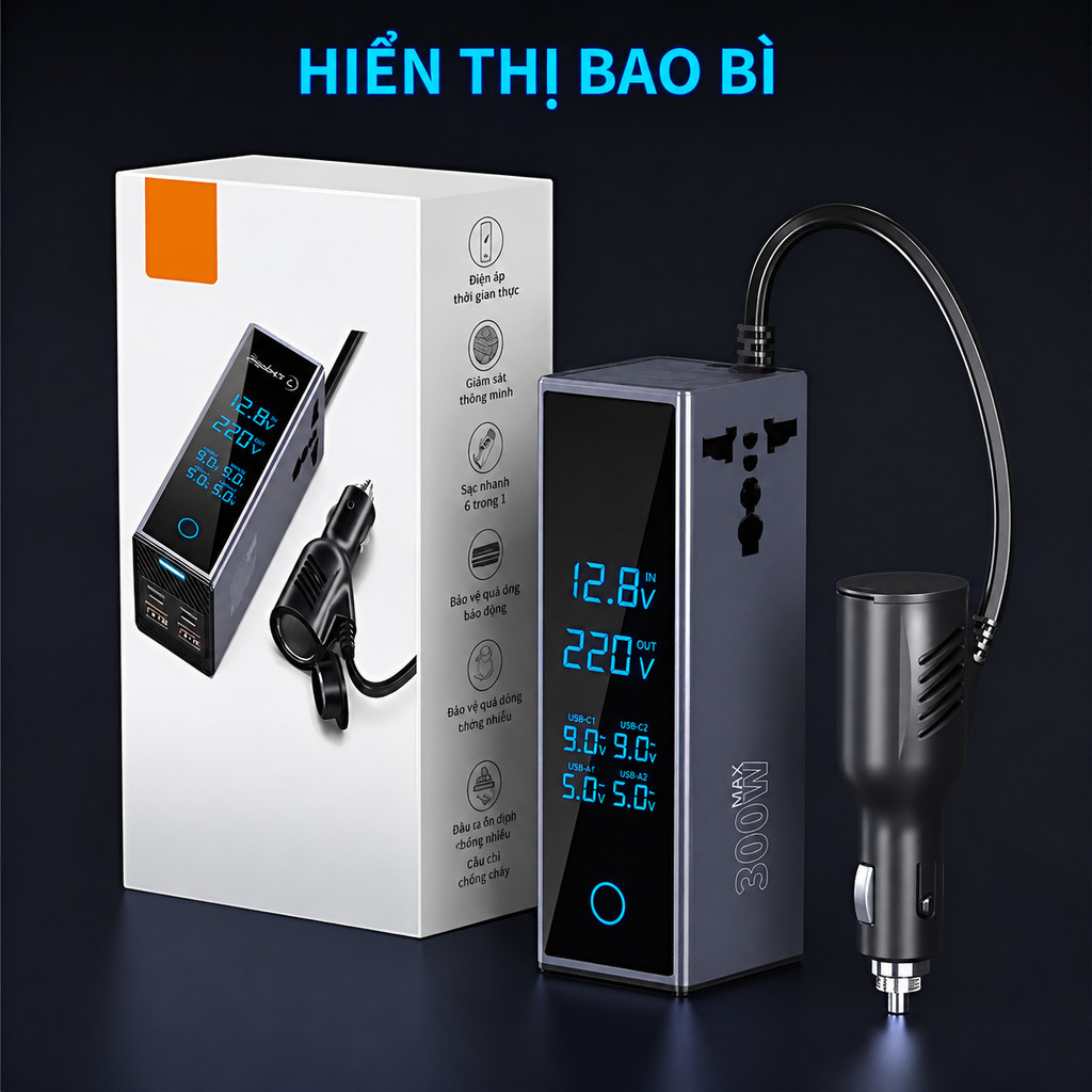 Bộ biến tần ô tô 300W chuyển đổi 12V sang 220V - Ổ cắm đa năng sạc nhanh trên xe hơi