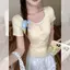 Kem nhẹ nhàng phong cách Hàn Quốc Ren vàng chấm bi Khâu áo thun hai mảnh giả dành cho nữ mùa hè Slim-Fit S