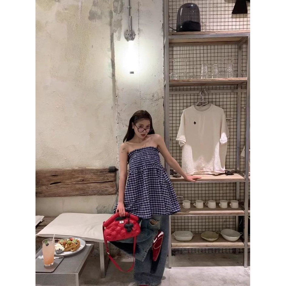 Milyfashion Mùa Hè Kẻ Sọc Váy Ống Top Hai Cánh Phong Cách Mới Phiên Bản Hàn Quốc Retro Tất Cả Trận Đấu Dù Váy
