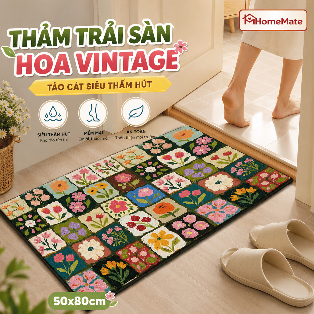 Thảm Lau Chân Tảo Cát HomeMate 50x80cm, Thảm Nhà Tắm Hoa Vintage Siêu Thấm Hút Chống Trượt