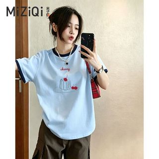 [MIZIQI] Áo thun ngắn tay Cotton nguyên chất màu tương phản dành cho nữ, Áo thun nữ dáng rộng thon gọn hơn