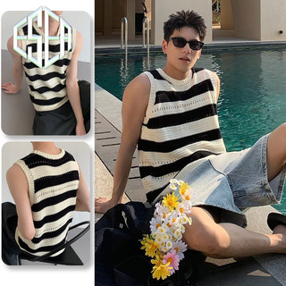 ESEA Nam Tank Top Mỹ Hợp Thời Trang Thương Hiệu Tương Phản Sọc Rỗng Dệt Kim Thoáng Khí