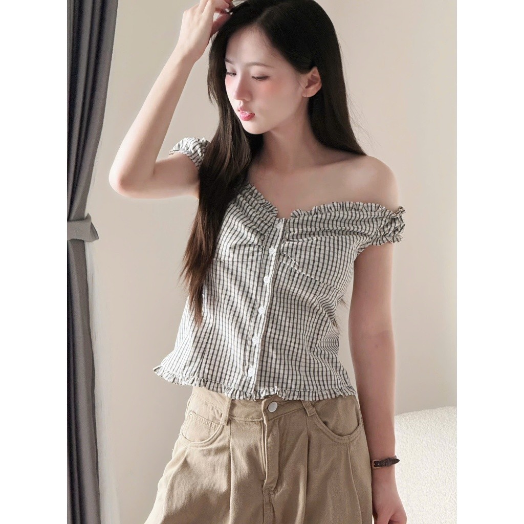 Áo kiểu body trễ vai viền bèo kẻ caro Miha Studio